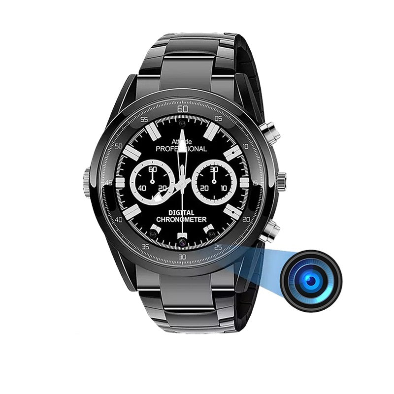 The 007 SpyCam Watch is a sleek black and silver timepiece with a discreet hidden camera icon, ideal for covert recording thanks to its advanced motion detection capabilities.