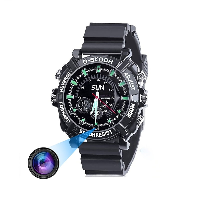 The Modern SpyCam Watch is black with multiple labeled buttons and a hidden camera lens. It supports HD video and night vision, shown by a lens icon and blue light beam graphic.
