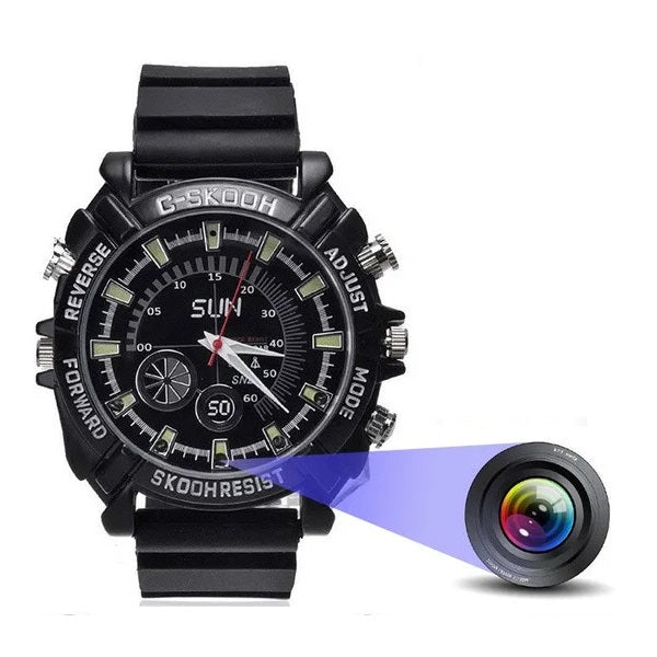 The Modern SpyCam Watch, in sleek black with multiple dials and buttons, emits a blue light from its face, suggesting hidden camera features such as HD video recording and night vision.