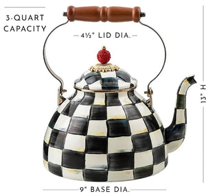 A decorative kettle in black and white checkered design.