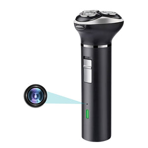 The WiFi Electric Razor SpyCam is a black electric shaver equipped with a hidden camera, showcasing a digital display, three rotary blades, and smart motion detection. It ensures you stay groomed while discreetly monitoring your surroundings.