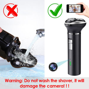 A split image: on the left side, a hand washing a shaver under a tap is marked with a red "X". On the right side, a WiFi Electric Razor SpyCam with motion detection is marked with a green check. Text warning: Do not wash the WiFi Electric Razor SpyCam; it will damage the hidden camera.