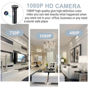 A graphic comparing images captured at 480p, 720p, and high-definition 1080p resolutions highlights the exceptional clarity of the 1080p section. The accompanying text outlines the advantages of using a hidden camera for security purposes, featuring the discreet WiFi Electric Razor SpyCam.