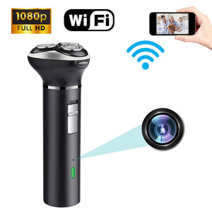 The WiFi Electric Razor SpyCam, featuring a sleek black design, is showcased streaming 1080p full HD video via WiFi, alongside a smartphone displaying a family photo.