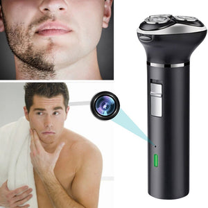 A man with partly shaved facial hair uses the WiFi Electric Razor SpyCam, which features a concealed camera. A close-up reveals the sleek black electric shaver, adorned with a subtle camera lens symbol.