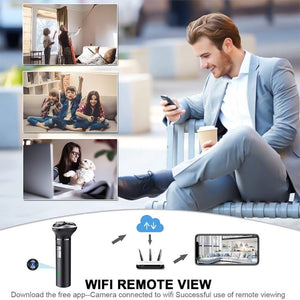 A man sitting on a bench uses his phone, accompanied by images of people using the WiFi Electric Razor SpyCam for remote viewing, connected to their Wi-Fi and devices. The text explains how to connect and use the motion detection feature of the SpyCam remotely.