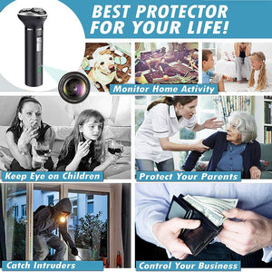 A promotional image for the WiFi Electric Razor SpyCam shows various use cases: monitoring home activity, keeping an eye on children, protecting elderly parents, catching intruders with motion detection, and overseeing business operations.