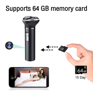 An image depicting support for a 64 GB memory card, featuring a black WiFi Electric Razor SpyCam compatible with the card, a hand holding the memory card, and a phone showing footage from the device. The text mentions "15 Day".