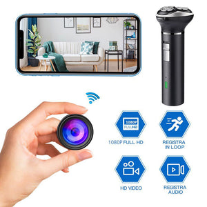 A hand holds a small round camera lens, resembling a component from the WiFi Electric Razor SpyCam. A smartphone displays a room interior. Nearby are icons indicating features: "1080P FULL HD," "REGISTRA IN LOOP," "HD VIDEO," and "REGISTRA AUDIO.