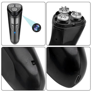 Four images feature the WiFi Electric Shaver SpyCam, a sleek black electric shaver with a removable head and three rotary blades, displayed from various angles, including a close-up of the charging port. This innovative design discreetly incorporates a hidden camera for 1080p video recording.