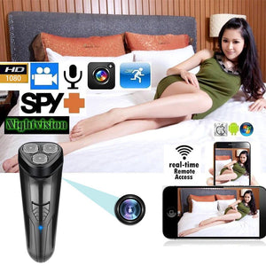 The WiFi Electric Shaver SpyCam, a versatile gadget, is depicted next to a woman reclining on a bed. A smartphone screen streams real-time 1080p video from this covert camera razor, with various feature icons presented above the screen.