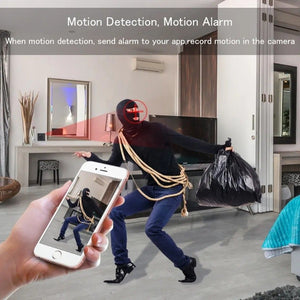 A person disguised as a thief, equipped with a bag and rope, is captured by the WiFi Electric Shaver SpyCam hidden in the modern living room, streaming high-definition 1080p videos directly to the homeowner's smartphone through motion detection.