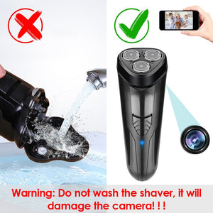 The image shows a WiFi Electric Shaver SpyCam with a red X mark as water is poured over it, indicating possible harm. In contrast, both a camera and phone are marked with a green check. Warning: "Keep your WiFi Electric Shaver SpyCam dry to prevent damage to the 1080p videos.