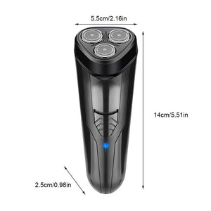 The WiFi Electric Shaver SpyCam features three rotary blades, measures 14 cm in height, 5.5 cm in width, and 2.5 cm in depth. It comes equipped with a blue indicator light and motion detection technology for enhanced convenience.