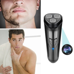 Image of a man with a half-shaved face, followed by another image of him examining his skin, alongside the WiFi Electric Shaver SpyCam highlighting its motion detection technology.