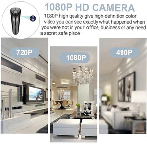 Comparison of three camera resolutions available in the WiFi Electric Shaver SpyCam: 720P, 1080P, and 480P. In a living room setting, the central image provides enhanced clarity due to its advanced motion detection technology.