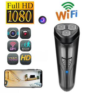 A picture of a black WiFi Electric Shaver SpyCam, featuring three circular blades with hidden capabilities, is shown. Icons around the image emphasize features such as 1080p video recording, motion detection technology, and 128GB storage capacity. A smartphone screen displays a detailed view of a room's interior.