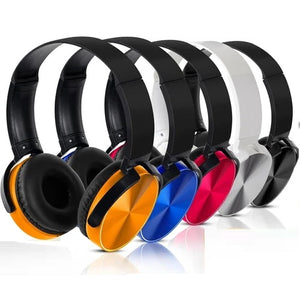 Five Wired Bass Headphones in black, yellow, blue, red, and white are arranged side by side, highlighting their cushioned ear pads and ergonomic design.