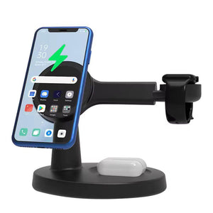 The Wireless Charging Station SpyCam effortlessly powers your smartphone, smartwatch, and wireless earbuds, ensuring all your devices stay conveniently charged.