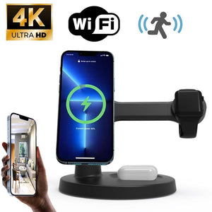 Introducing the Wireless Charging Station SpyCam, a stylish solution for charging your smartphone, smartwatch, and earbuds. It includes a 4K display and advanced motion detection to boost security with its discreet monitoring capabilities. Benefit from uninterrupted Wi-Fi connectivity across all your devices.