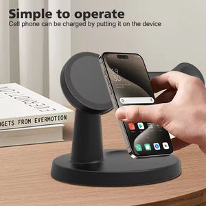 A hand places a phone on the Wireless Charging Station SpyCam. A message reads, "Simple to operate. Cell phone can be charged effortlessly by placing it on the device.