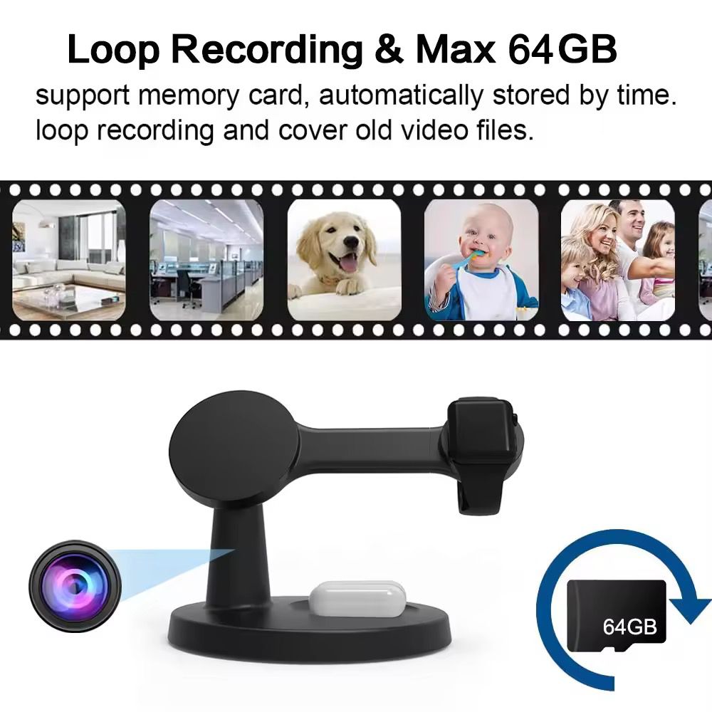 Wireless Charging Station SpyCam featuring loop recording, motion detection, and support for up to 64GB of storage. Displays images of a baby, dog, and family on a film strip.