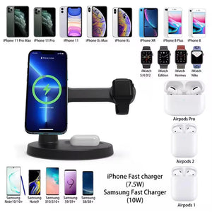 Wireless Charging Station SpyCam compatible with various iPhone models, Samsung Note, and Galaxy S models, iWatch Series, and AirPods versions. It supports iPhone Fast Charger (7.5W) and Samsung Fast Charger (10W).