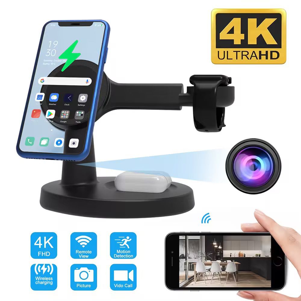 The Wireless Charging Station SpyCam is a sophisticated charging solution for both your smartphone and smartwatch. It discreetly conceals a hidden 4K SpyCam, providing remote viewing and advanced motion detection to keep you informed at all times.