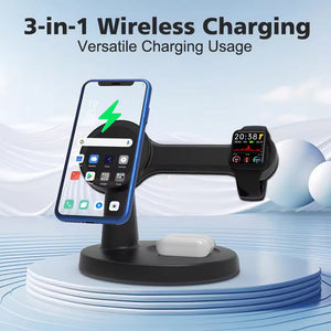 The Wireless Charging Station SpyCam accommodates a smartphone, smartwatch, and earbuds while featuring the text "3-in-1 Wireless Charging: Versatile Charging Usage with Motion Detection for Added Security.