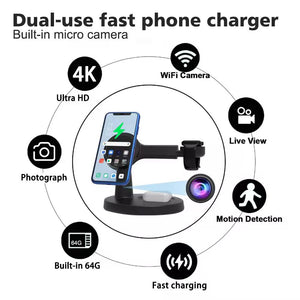 Infographic of the Wireless Charging Station SpyCam, a dual-use fast phone charger with built-in 4K WiFi SpyCam, live view functionality, motion detection, 64G storage capacity, and fast charging capabilities.