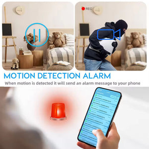 Image showcasing a cutting-edge motion detection system: one image captures a burglar entering a room, while another shows an alert on a smartphone. Experience crystal-clear security monitoring with our Wireless Charging Station SpyCam, providing peace of mind with every "MOTION DETECTION ALARM.