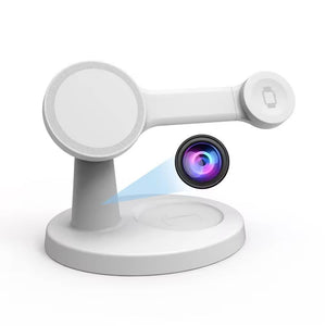 The Wireless Charging Station SpyCam, featuring a prominent lens, is capable of capturing 4K video and is mounted on a stand against a white background.