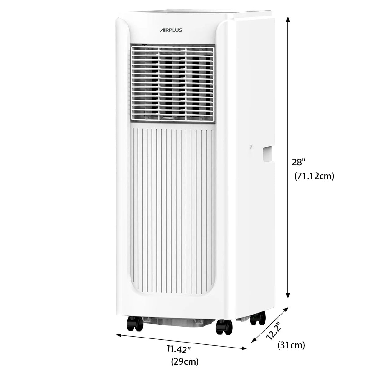 The Powerful Air Conditioner is a sleek white portable unit with front vents, smooth wheels, and a modern tower design, measuring 28" tall, 11.42" wide, and 12.2" deep—perfect for contemporary homes.