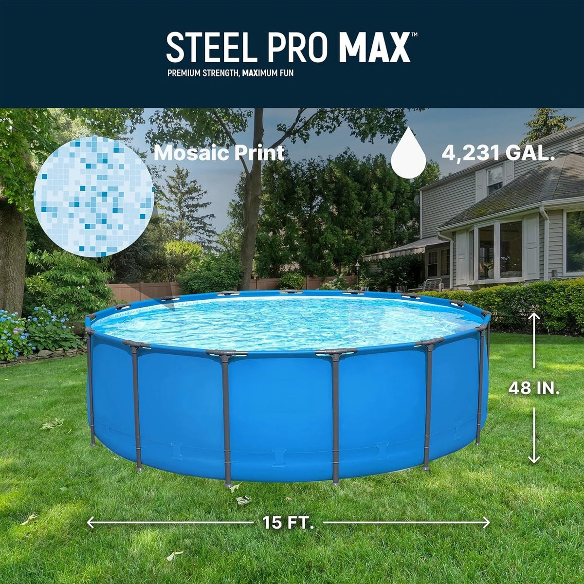 The Outdoor Swimming Pool is a round blue above-ground pool with a steel frame, measuring 15 feet in diameter and 48 inches high, holding 4,231 gallons. Shown on a lawn near a house, it features highlighted mosaic print details.