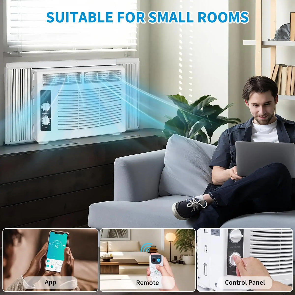 Man using laptop on couch near modern Window Air Conditioner, with app, remote, and control panel options; text: "Suitable for Small Rooms — perfect small room cooling.