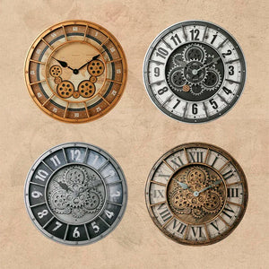 Four round steampunk wall clocks with visible gears, each showcasing unique numeral styles and metallic finishes, including the Industrial Gearworks Wall Clock—ideal for Spiritual Awakening or Geometric Mandala wall decor—all on a beige background.