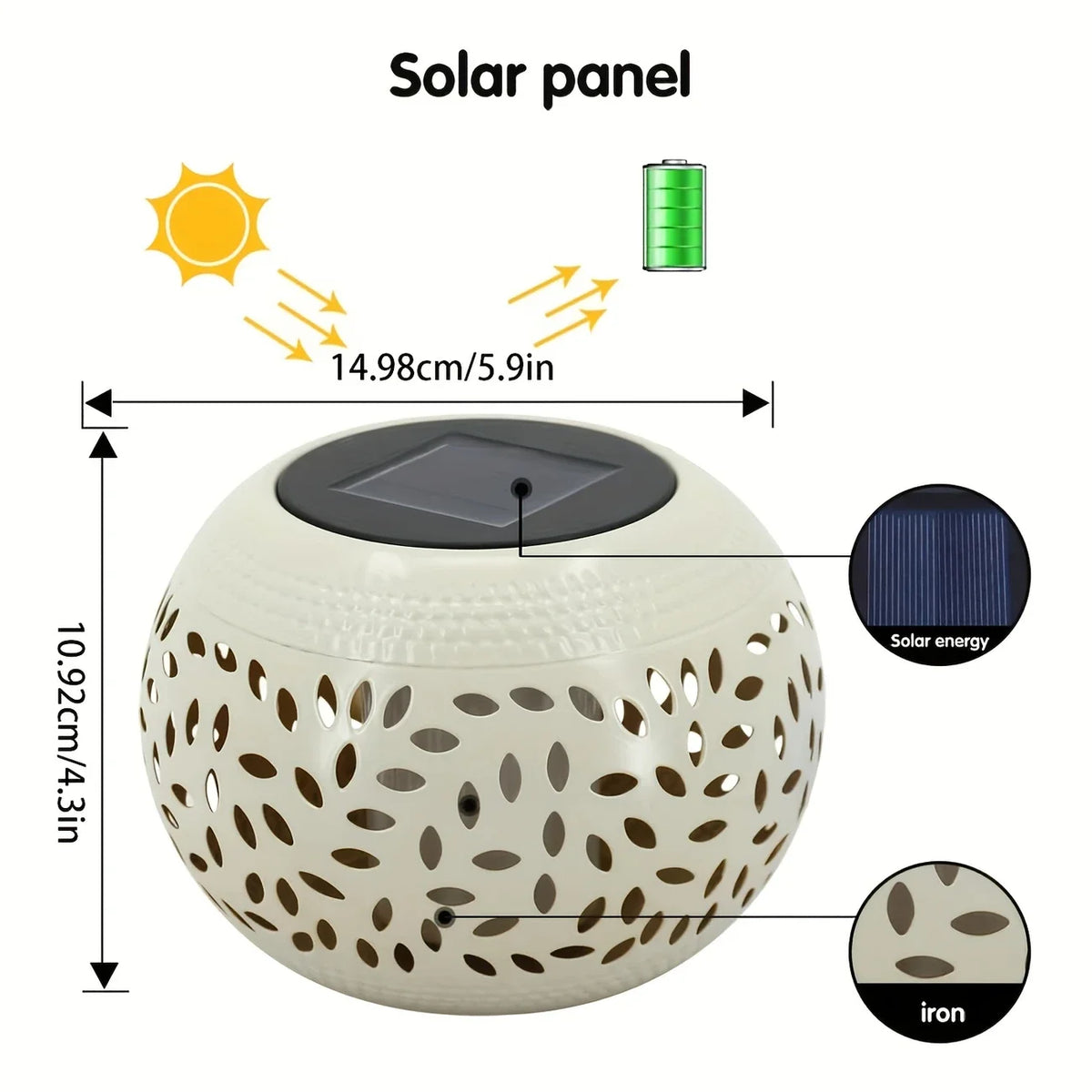 Introducing the Solar Orb Lamp: a round, hollow iron lamp with a solar panel on top, measuring 14.98 cm in width and 10.92 cm in height. This solar patio light includes a diagram showcasing its solar energy function and material specifications.