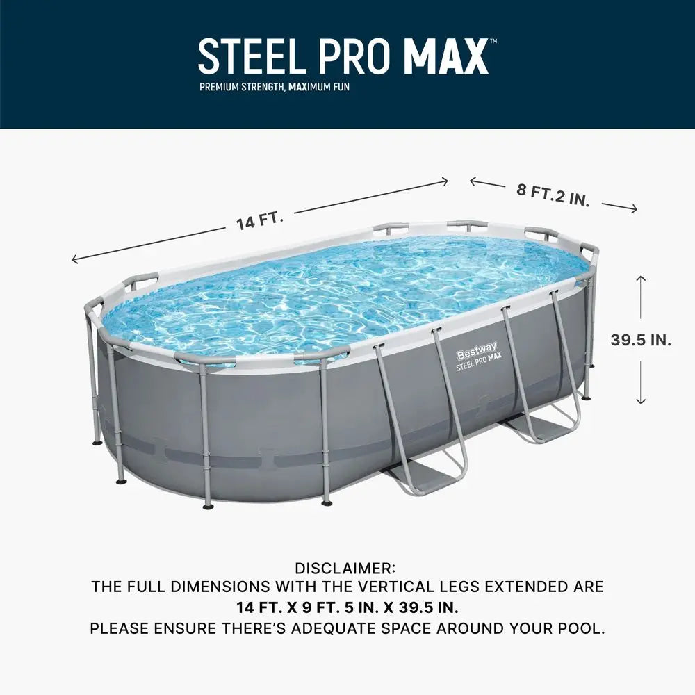 Above Ground Swimming Pool Set with a modern oval design, measures 14 ft. x 8 ft. 2 in. and stands 39.5 in. high; corrosion-resistant steel frame for durability and "Steel Pro Max" branding above; includes water-filled pool.