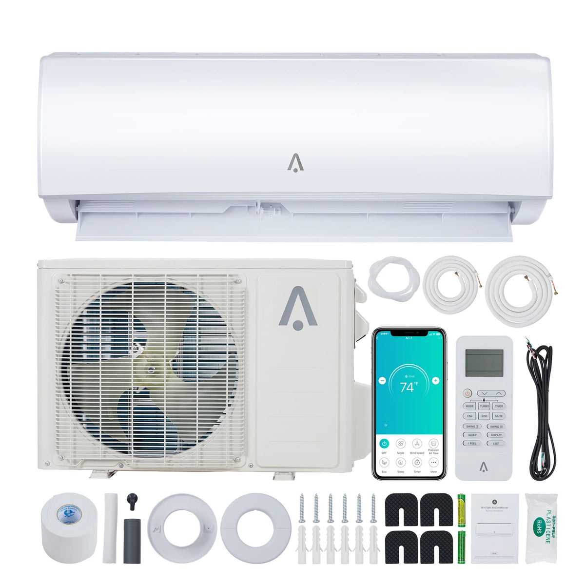 The Mini Split Air Conditioner kit includes a 12000 BTU inverter unit, indoor and outdoor units, remote control, smartphone app (shows 74°F), cables, mounting hardware, installation accessories, and user manual.