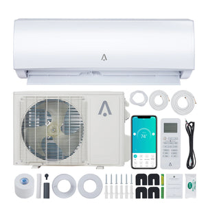 The Mini Split Air Conditioner kit includes a 12000 BTU inverter unit, indoor and outdoor units, remote control, smartphone app (shows 74°F), cables, mounting hardware, installation accessories, and user manual.
