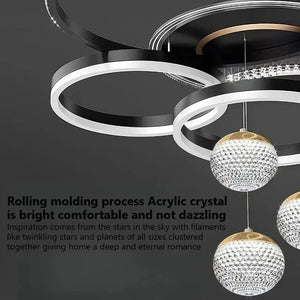 Introducing the Elegant Multi-Ring Ceiling Light—this modern sculptural fixture showcases overlapping circular LED rings paired with three hanging crystal globe pendants. Combining artistry and elegance, this statement crystal ceiling light delivers brilliant illumination and contemporary style to elevate any space.