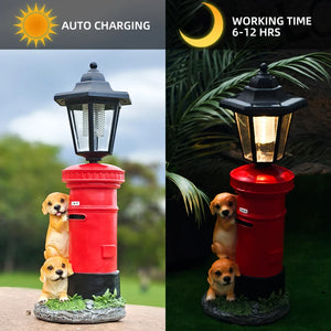 The Solar Dog Light is a solar-powered lamp designed in the shape of a red mailbox, featuring two adorable puppy figures beside it. Reminiscent of a Victorian post lantern, this vintage street lamp-inspired outdoor porch light charges during the day and automatically lights up at night, offering 6–12 hours of warm illumination.