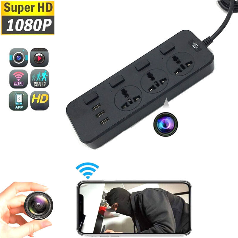 Introducing the Power Strip SpyCam, featuring 1080P HD video quality, night vision, motion detection, and WiFi connectivity. The image depicts a hand holding a miniature camera while a smartphone displays live footage—perfect for covert surveillance.