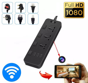 The Power Strip SpyCam features multiple plug options, USB ports, an integrated hidden camera, and WiFi connectivity. A smartphone showcases a live video stream from this discreet surveillance device. The label "Full HD 1080" appears in the upper right corner.