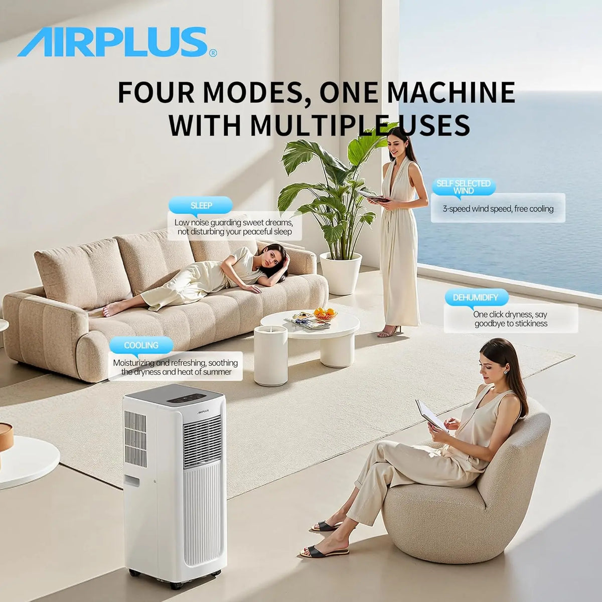 A living room with two women and the Powerful Air Conditioner in a sleek tower design; text highlights its four modes: sleep, self-selected wind, cooling, and dehumidify—ideal for modern homes.