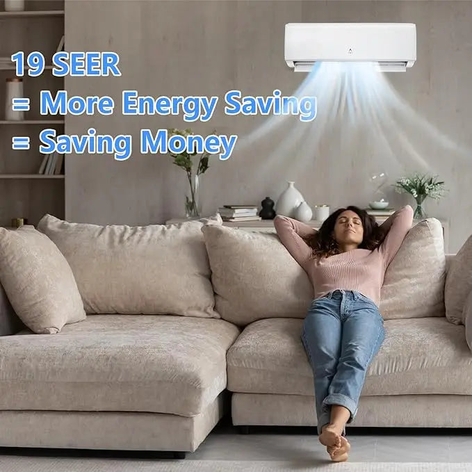 A woman relaxes on a sofa under the Mini Split Air Conditioner. Text: "19 SEER means more energy savings and lower bills, powered by a 12000 BTU inverter.