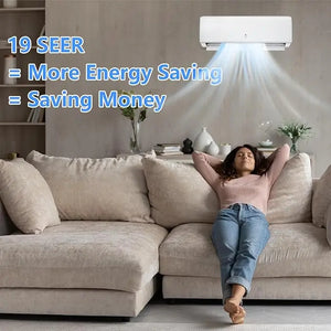 A woman relaxes on a sofa under the Mini Split Air Conditioner. Text: "19 SEER means more energy savings and lower bills, powered by a 12000 BTU inverter.