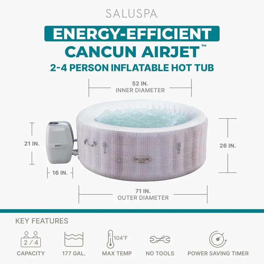 Infographic of the Inflatable Hot Tub, a round backyard spa ideal for 2-4 people, showcasing dimensions, key features, and capacity. Holds 177 gallons, heats up to a maximum temperature of 104°F, and includes an energy-saving timer.