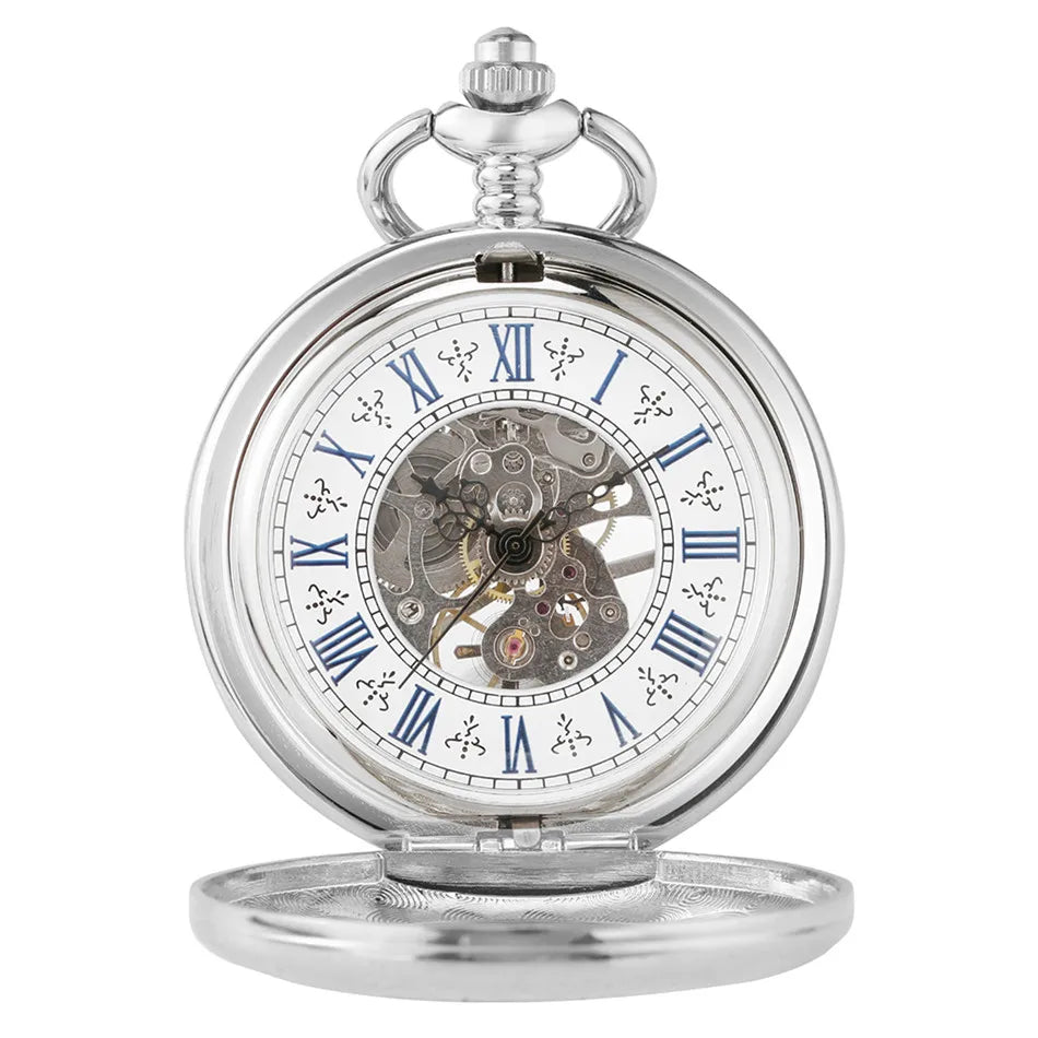 The Silvery Pocket Watch is a vintage-inspired silver mechanical pocket watch with Roman numerals and an open skeleton dial that reveals its detailed inner gears.