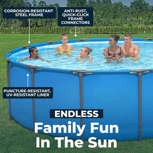 Four people have fun in the Outdoor Swimming Pool—a large, round, steel-frame above-ground pool with a corrosion-resistant frame, anti-rust connectors, and a puncture- and UV-resistant liner.